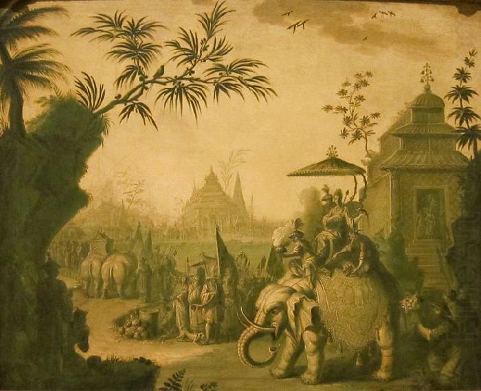 A Chinoiserie Procession of Figures Riding on Elephants with Temples Beyond, Jean-Baptiste Pillement